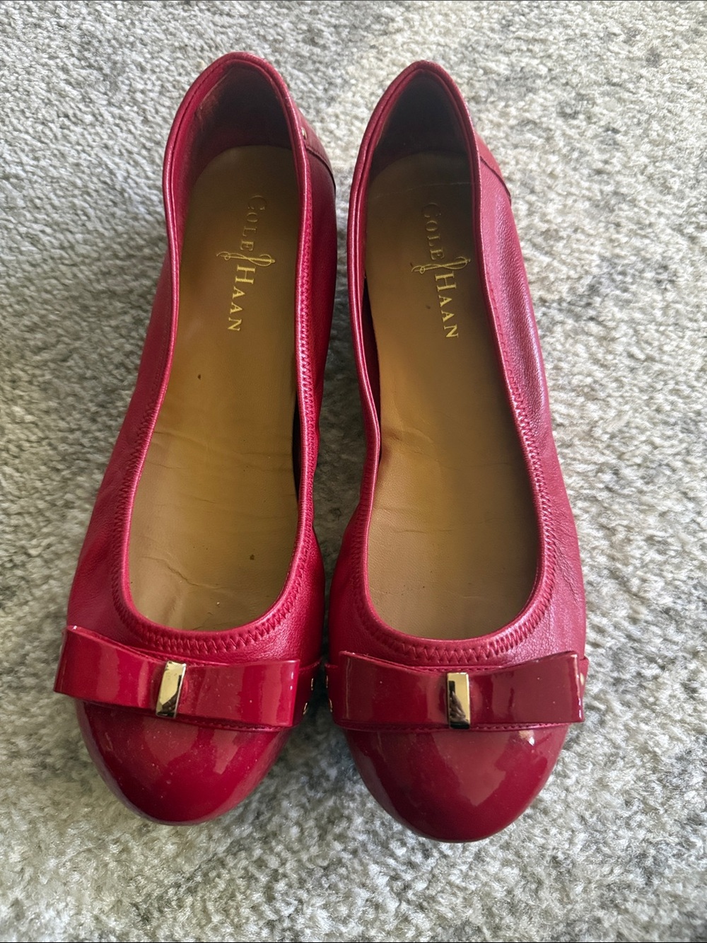 Cole Haan Red Leather Patent Toe Ballet Flats with Bow Accent